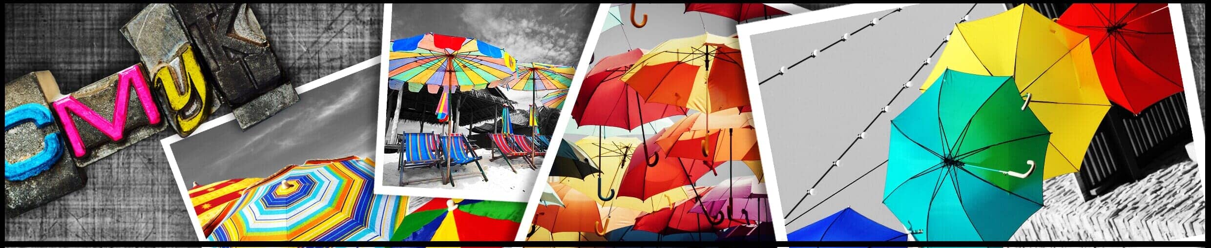 Printing colours and colourful umbrella collage