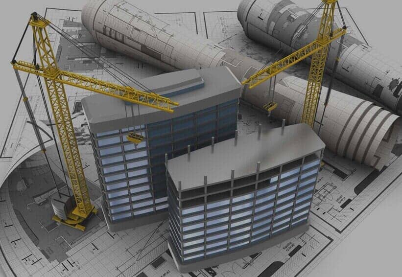 Construction model with cranes and architectural plans